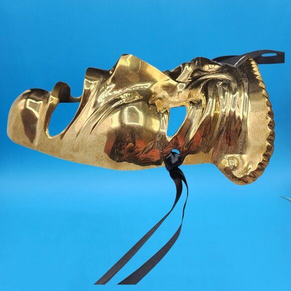 Vintage 1970s Brass Tragedy Death Mask Wall Art Gothic Theater Drama Prop Ribbon - Picture 7 of 8